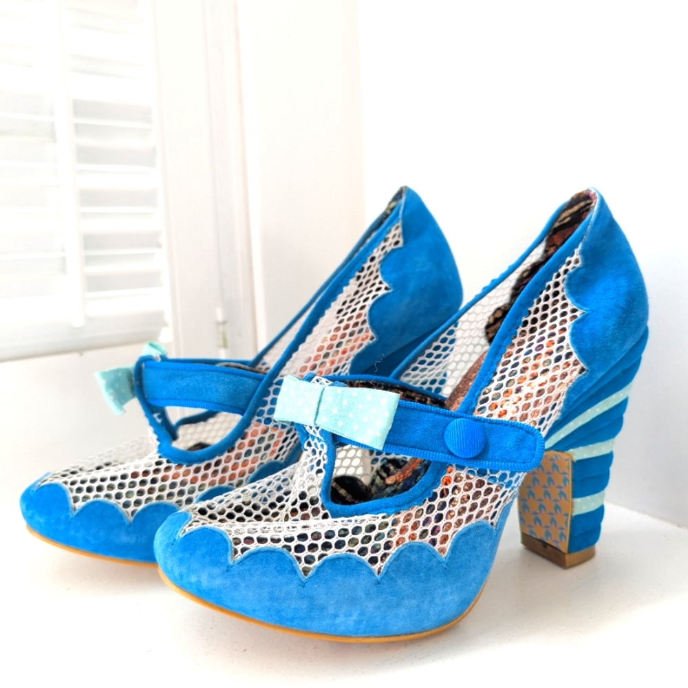 Irregular Choice Heels Pumps Blue Mesh Bows Size 8